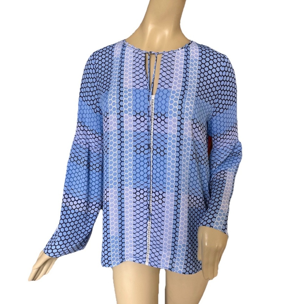 Laundry Shelli Segal Blouse Top Blue & White Circle Pattern Long Sleeve Size 8